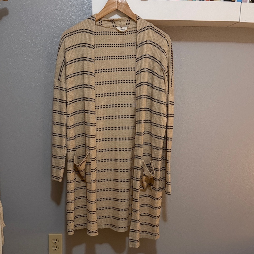 Striped Open-Front Long Cardigan Sweater - Beige / Black